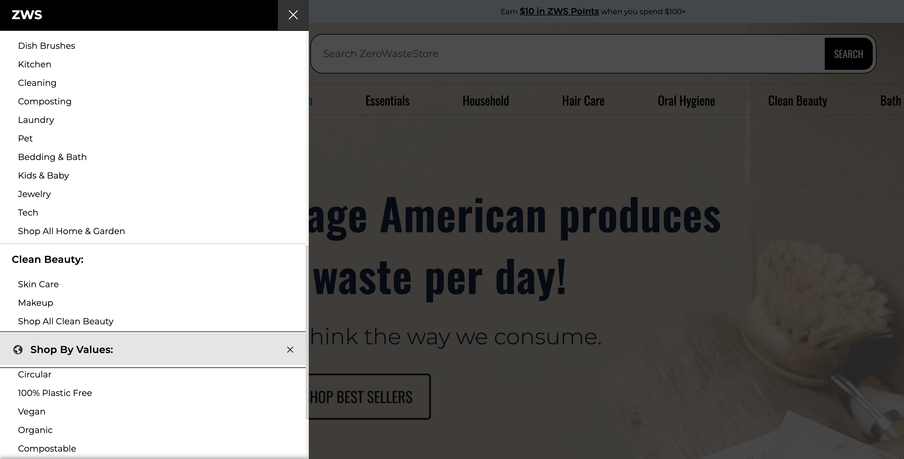 An image of the navigation bar at ZeroWasteStore.