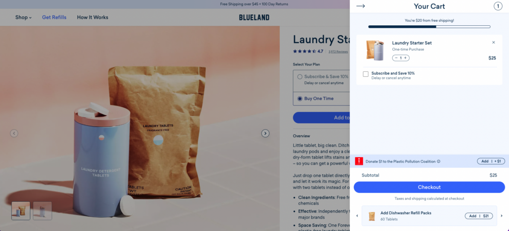 A screenshot of Blueland's checkout on their website which shows complementary products as cross-sell opportunities along the bottom.