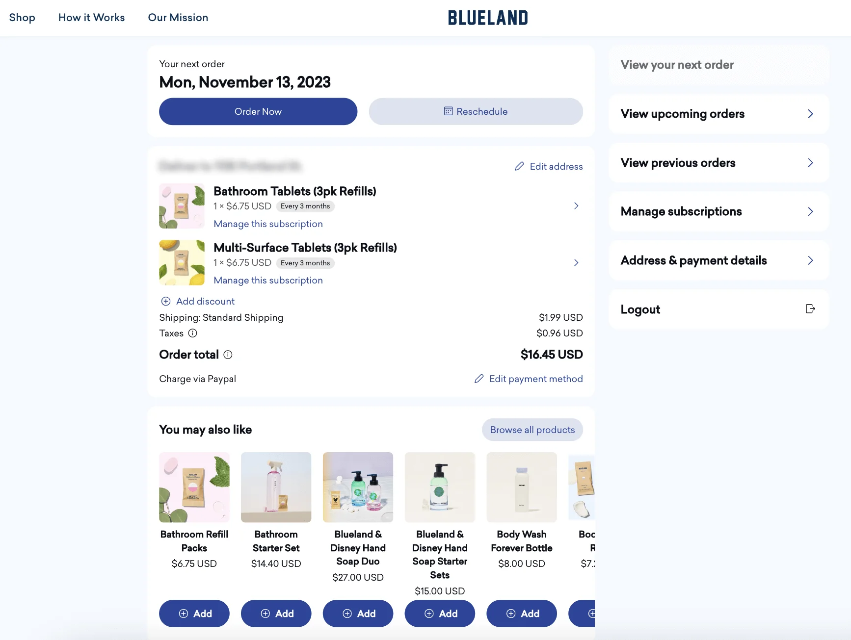 Blueland subscription summary screenshot