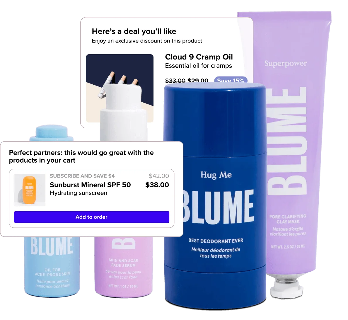 Four bottles of Blume alongside ecommerce cross-sell widgets