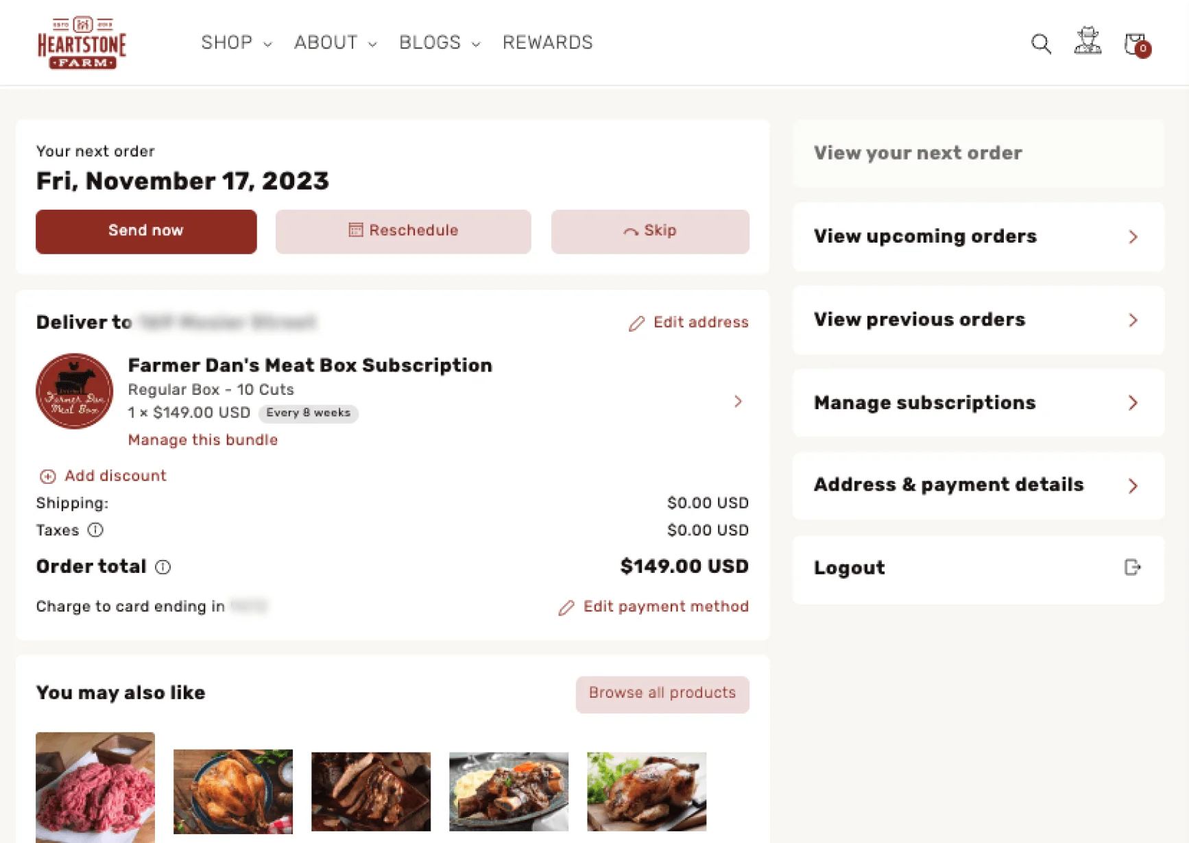 Heartstone Farm customer portal screenshot