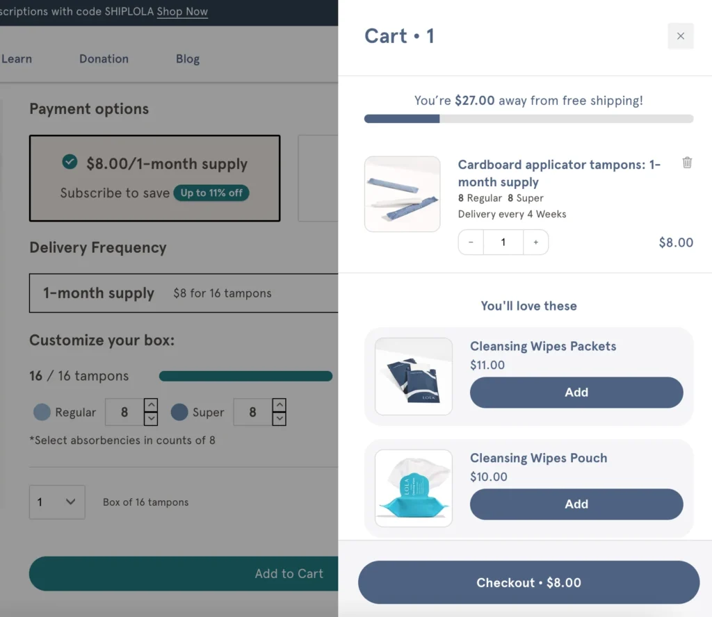 LOLA has a slider cart that houses cross-sell product recommendations. 