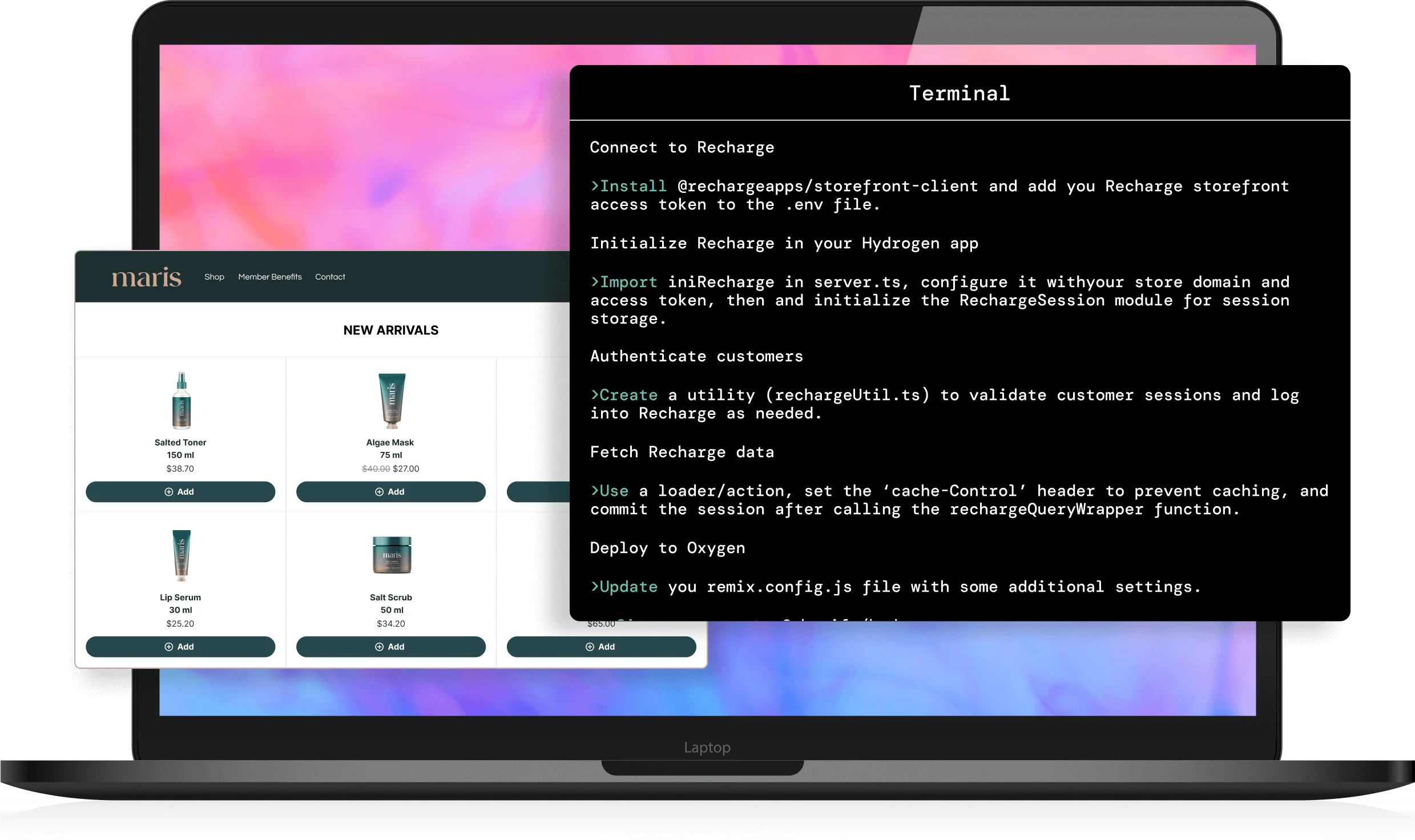 Image of a laptop with screenshots of a computer terminal and an ecommerce product grid superimposed